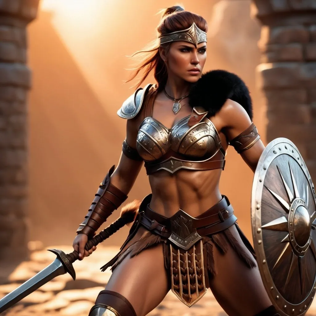 Prompt: hyper-realistic, Photorealistic, 4k, 3D, fierce female barbarian warriors, 34C-25-33, arena battle, intense battle scene, Close fitting leather armor, short leather loincloths, heavily muscled, full body shot, realistic, intense action, muscular physique, detailed features, detailed armor and weapons, high quality, realistic, historical art, warm, earthy tones, dramatic lighting, dramatic shadows, epic battle, high quality, intense, earthy tones, Golden Hour Dawn lighting, natural lighting, realism

