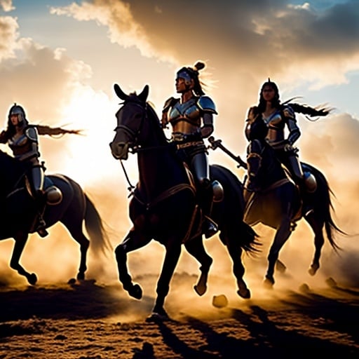 Prompt: Group of female Amazon warriors charging, bare-breasted, their queen in front, charging on horseback, intense battle scene, ancient warfare, detailed armor and weapons, dynamic action, high quality, realistic, historical art, Golden Hour at dawn, warm, earthy tones, dramatic lighting