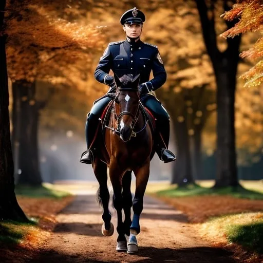 Prompt: Hyperrealistic, super detailed, Cop on horse patrol on the Boston Common, Uniform black leather Boston police jacket, Jodhpurs (Dark blue with red stripe on legs) black riding boots, riding helmet, realistic horse anatomy, crisp New England fall atmosphere, photorealistic, high quality, hyperrealism, detailed uniform, professional, Natural lighting, iconic Boston landmark, traditional art style, precise brushwork, autumnal foliage, realistic horse mane