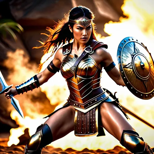 Prompt: hyper-realistic, Photorealistic, 4k, 3D, fierce female Amazon warriors, arena battle, intense battle scene, Breastplate armor, short leather loincloths, heavily muscled, full body shot, realistic, intense action, muscular physique, detailed features, detailed armor and weapons, high quality, realistic, historical art, warm, earthy tones, dramatic lighting, dramatic shadows, epic battle, high quality, intense, earthy tones,  golden hour lighting, natural lighting, realism

