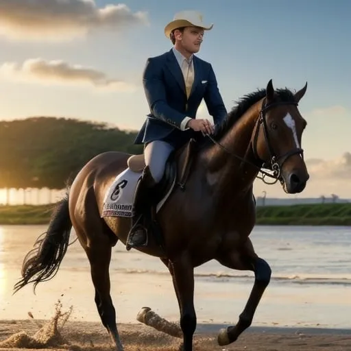 Prompt: Hyper realistic full-body rendering of Lucien Gearalt Tomás riding a dark chestnut thoroughbred, across a verdant field. photorealistic, sharp, highly detailed, Golden Hour beach setting, detailed facial features, realistic skin texture and tones, high quality, 4k resolution, photorealism, beach landscape, detailed rendering, crisp, full-body shot, realistic lighting