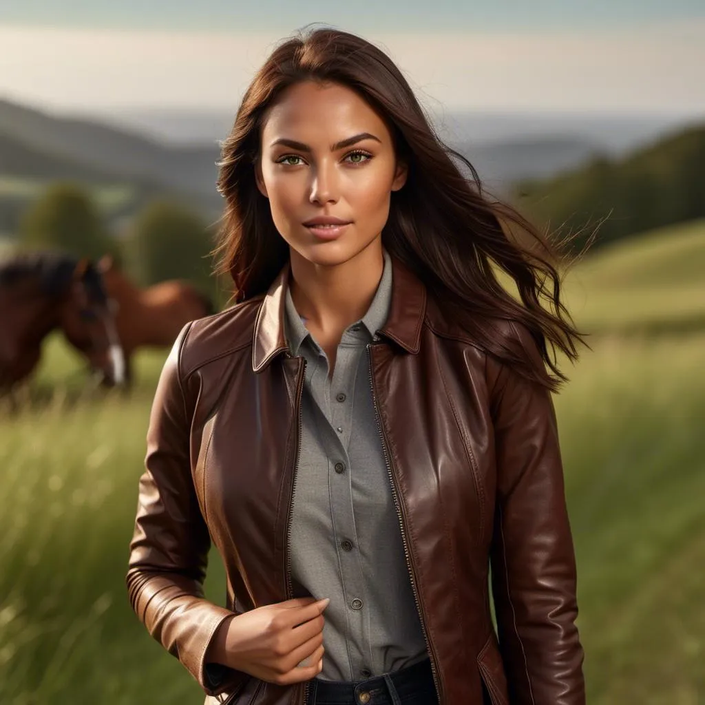 Prompt: <mymodel> Hyper realistic full-body, rendering of an athletically built 34-25-33, height 5' 7", walking and leading a dark chestnut thoroughbred, across a verdant field in casual attire, no hat. photorealistic, sharp, highly detailed, Golden Hour beach setting, detailed facial features, realistic skin texture and tones, high quality, 4k resolution, photorealism, beach landscape, detailed rendering, crisp, full-body shot, realistic lighting