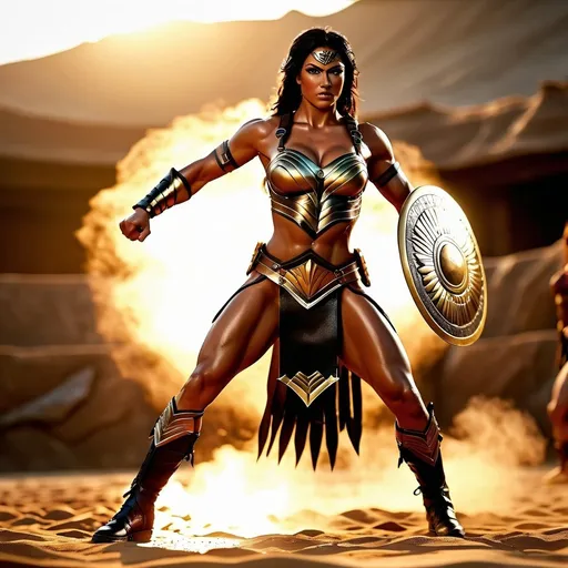 Prompt: hyper-realistic, 4k, fierce female Amazon warriors, arena battle, stripped to the waist, short leather loincloths, heavily muscled, full-body shot, golden hour lighting, realistic, intense action, muscular physique, detailed features, dramatic shadows, epic battle, high quality, intense, natural lighting
