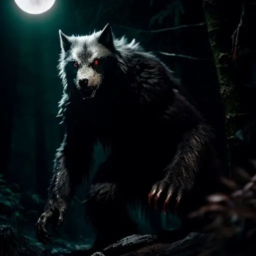 Prompt: Hyperrealism dark, moonlit forest with a snarling giant werewolf, dripping blood, menacing, front claws raised, photorealistic, detailed fur, intense gaze, horror, supernatural, highres, ultra-detailed, professional, atmospheric lighting, detailed glowing red eyes, sinister, medium tones, menacing atmosphere