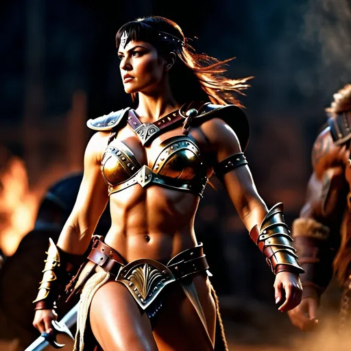 Prompt:  hyper-realistic, Photorealistic, 4k, 3D, fierce female Barbarian warriors, Xena-like armor, short leather loincloths, heavily muscled, full body shot, realistic, intense action, muscular physique, detailed features, detailed armor and weapons, high quality, realistic, historical art, warm, earthy tones, dramatic lighting, dramatic shadows, epic battle, high quality, intense, earthy tones, Golden Hour Dawn lighting, natural lighting, realism



