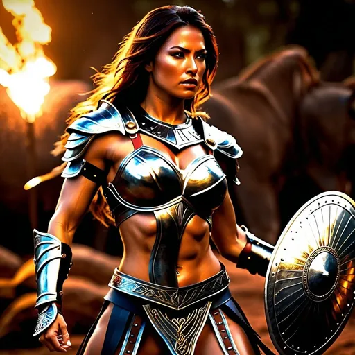 Prompt: hyper-realistic, Photorealistic, 4k, 3D, fierce female Amazon warriors, arena battle, intense battle scene, Breastplate armor, short leather loincloths, heavily muscled, full body shot, realistic, intense action, muscular physique, detailed features, detailed armor and weapons, high quality, realistic, historical art, warm, earthy tones, dramatic shadows, epic battle, high quality, intense, earthy tones, Golden Hour Dawn lighting, natural lighting, realism

