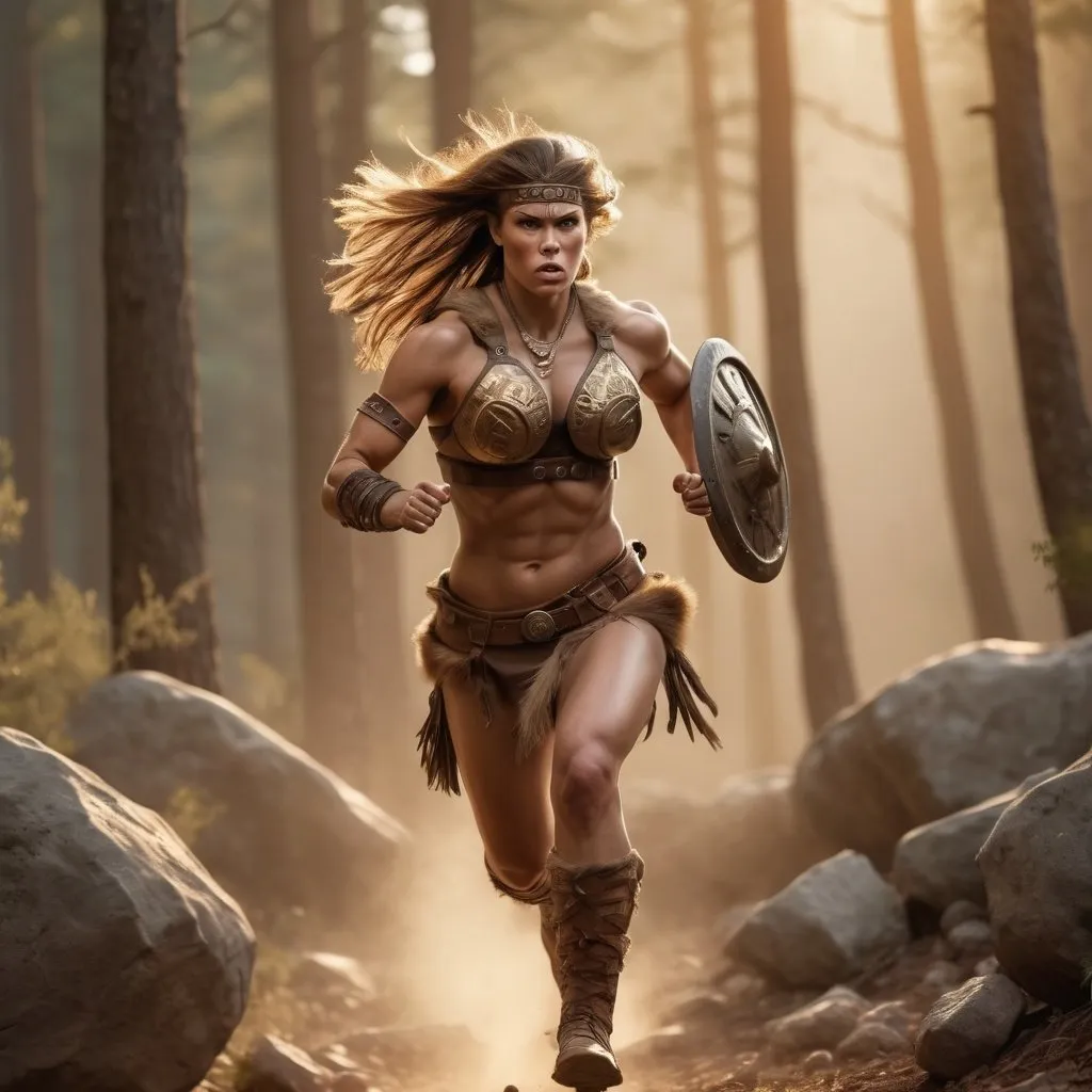 Prompt: Hyperrealistic, photorealistic, several Barbarian females, fit and muscled physique, 34C-25-33, Full Body shot running into battle, Rocky terrain, high quality, Golden Hour realistic lighting, earth tones, lifelike, realistic, forest setting