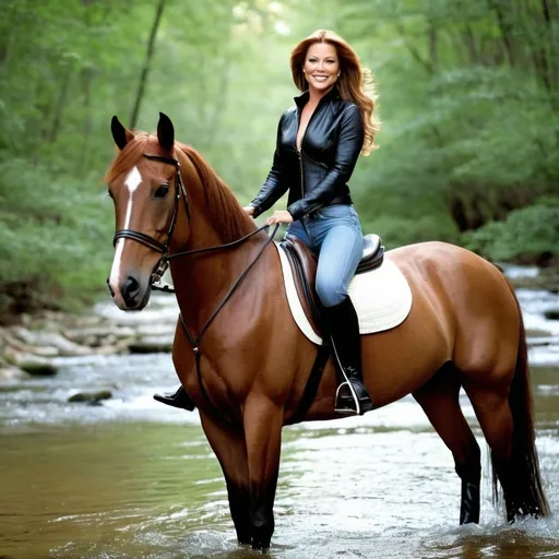 Prompt: Hyper realistic, photorealistic, extremely detailed. Full body shot but close enough so details can be clearly seen. soft, natural lighting. A woman riding a horse by a stream in a wooded clearing. Woman is athletically built, with auburn hair with volume. Face has Cote de Pablos' eyes are sparkling green. Jeri Ryan's mouth, and she is smiling with mouth closed. Body is similar to Linda Carter's. Skin is well tanned. Hair is deep Auburn. She is wearing a tight leather Halter top, short-shorts, and knee-high black riding boots. Horse is a large reddish-brown Chestnut thoroughbred with black mane and tail, and white stripe on the nose.