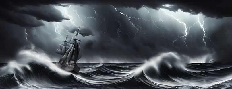 Prompt: Photorealistic, hyper realistic, deep stormy night at sea, schooner battling through the waves, lightning flashes, dramatic sky with dark clouds, ominous clouds, high seas, intense waves, powerful wind, detailed vessel, dramatic lighting, high quality, realistic, stormy, dramatic, dynamic composition, dark tones, atmospheric lighting