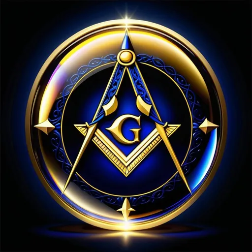 Prompt: Masonic Square and compasses inside a bubble, brilliant gold color, dark blue background, mystical aura, detailed engraving, symbol of Freemasonry, ethereal lighting, high quality, vibrant colors