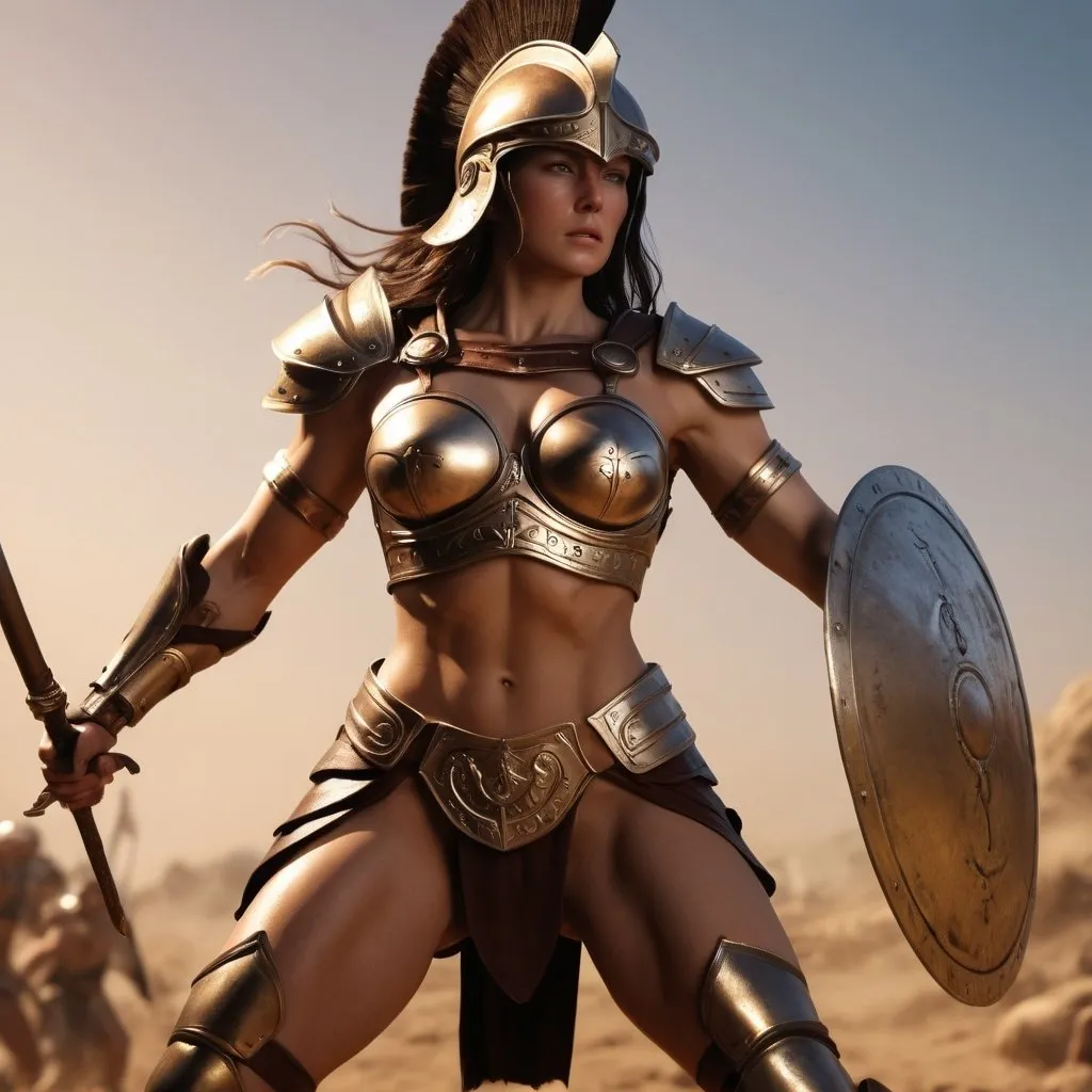 Prompt: hyper-realistic, Photorealistic, 4k, 3D, Athena, goddess of war, 34C-25-33, arena battle, intense battle scene, Close fitting leather armor, short leather loincloths, heavily muscled, full body shot, realistic, intense action, muscular physique, detailed features, detailed armor and weapons, high quality, realistic, historical art, warm, earthy tones, dramatic lighting, dramatic shadows, epic battle, high quality, intense, earthy tones, Golden Hour Dawn lighting, natural lighting, realism
