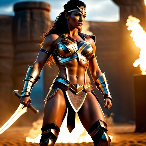 Prompt: hyper-realistic, Photorealistic, 4k, fierce female Amazon warriors, arena battle, stripped to the waist, short leather loincloths, heavily muscled, full body shot, golden hour lighting, realistic, intense action, muscular physique, detailed features, dramatic shadows, epic battle, high quality, intense, natural lighting