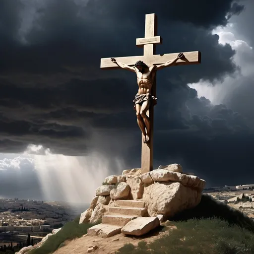 Prompt: Hyper realist, photorealistic, sharp details, detailed, 3 men crucified on hill outside Jerusalem, 30 C.E, storm clouds gathering, cave mouth view, high quality, realistic, detailed hill, historical, dramatic lighting, intense atmosphere, religious scene, professional rendering