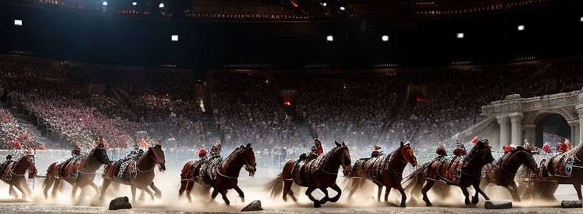 Prompt: Hyper-realistic photorealistic photograph of a Roman chariot race, midrange view, dusty arena filled with spectators, intense action and drama, detailed Roman architecture, high definition, realistic, historical, action-packed, dramatic lighting, realistic crowd, ancient, intense movement, detailed horses, realistic chariots, grand spectacle.