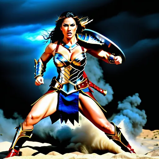 Prompt: Hyper realistic, photo realistic, several fierce female Amazon warriors charging, breastplate Armor, short leather loincloths, heavily muscled, Full body shot, (((NO WAR PAINT))). intense expressions, dynamic poses, detailed armor, muscular physique, high quality, realistic, historical, natural lighting.