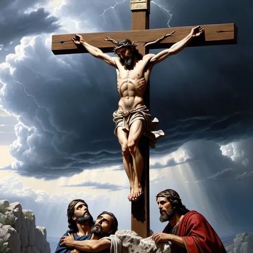 Prompt: Hyper realist, photorealistic, sharp details, very detailed, historical crucifixion scene of three men on Golgotha, gathering storm clouds, intense realism, dramatic lighting, highres, detailed landscape, realistic textures, realistic atmosphere, 30 C.E., close view