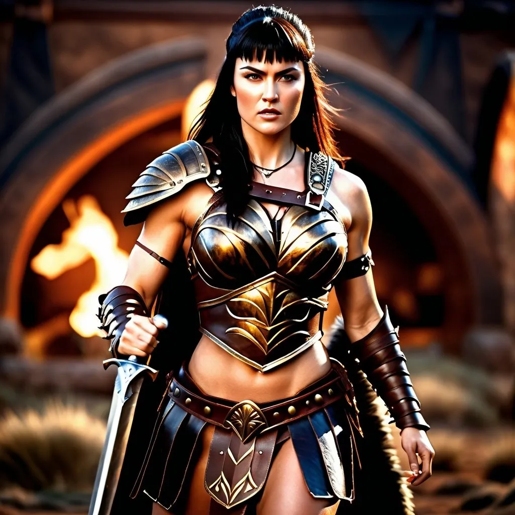 Prompt:  hyper-realistic, Photorealistic, 4k, 3D, fierce female Barbarian warriors, Xena-like armor, short leather loincloths, heavily muscled, full body shot, realistic, intense action, muscular physique, detailed features, detailed armor and weapons, high quality, realistic, historical art, warm, earthy tones, dramatic lighting, dramatic shadows, epic battle, high quality, intense, earthy tones, Golden Hour Dawn lighting, natural lighting, realism



