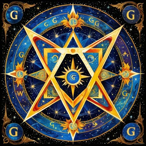 Prompt: Masonic Square and compasses, with the letter "G" in the center ablaze, celestial Van Gogh cosmos, swirling colors, intricate details, otherworldly horror, detailed patterns, Bosch-inspired, planet Earth, cosmic fire, highres, detailed, horror, celestial, intricate, intense colors, Van Gogh, Masonic symbolism, professional, atmospheric lighting