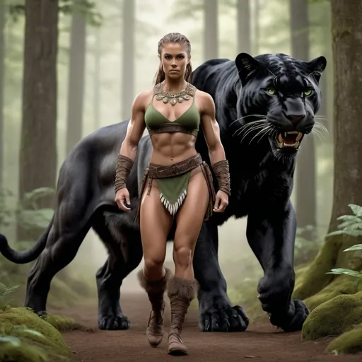 Prompt: Hyperrealistic, photorealistic, Barbarian female, fit and muscled physique, 32C-25-33, Full Body shot, walking with a black panther, green forest, high quality, realistic lighting, detailed muscles, earth tones, lifelike, realistic, forest setting