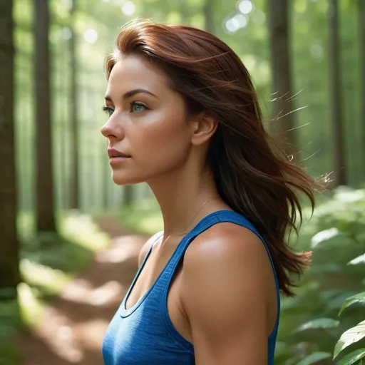 Prompt: Hyperrealistic, photorealistic, head and shoulders shot, close, Profile athletically built woman walking in the woods, dark auburn hair, tanned skin, green eyes, blue cropped tank top, shorts, summer day, natural lighting, detailed, highres, ultra-detailed, realistic, professional, outdoor, detailed features, realistic lighting, detailed clothing