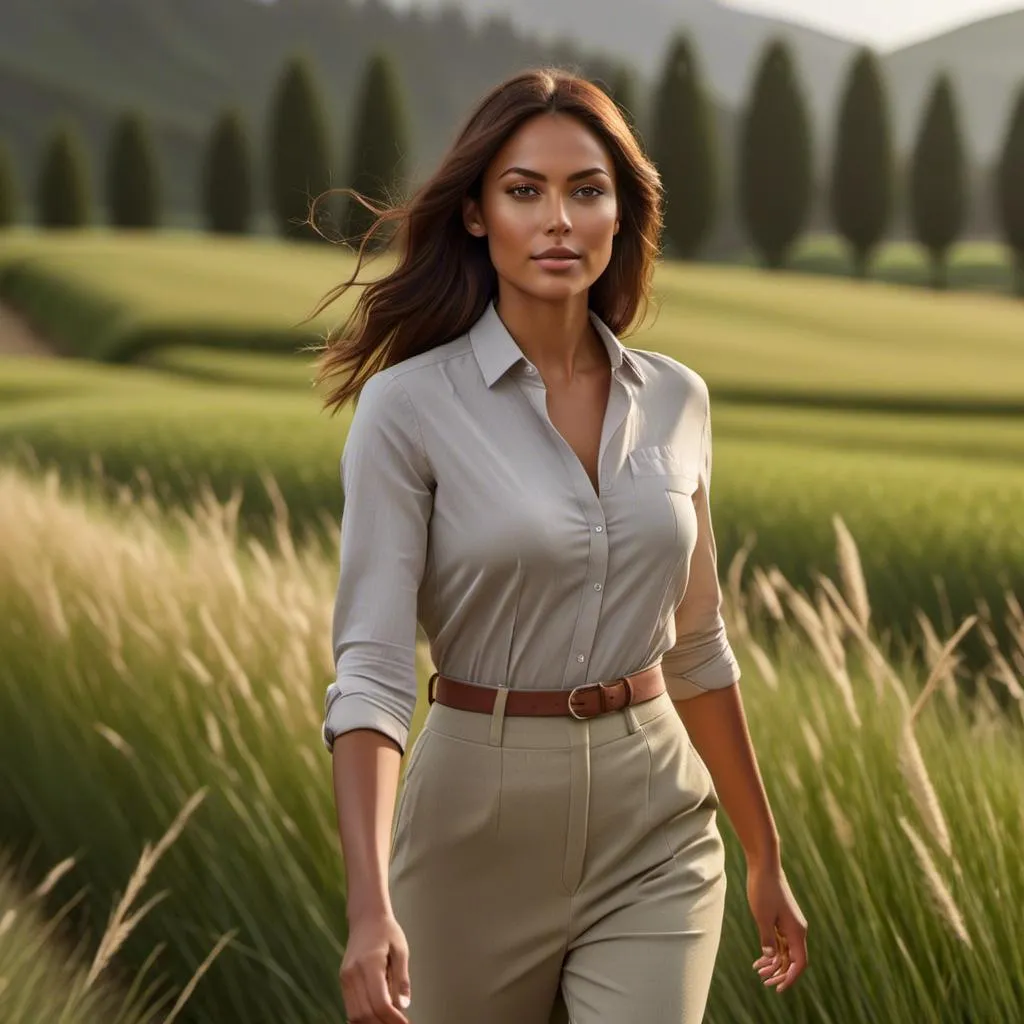 Prompt: <mymodel> Hyper realistic full-body, rendering of an athletically built 34-25-33, height 5' 7", walking across a verdant field in casual attire, no hat. photorealistic, sharp, highly detailed, Golden Hour detailed facial features, realistic skin texture and tones, high quality, 4k resolution, photorealism, landscape, detailed rendering, crisp, full-body shot, realistic lighting