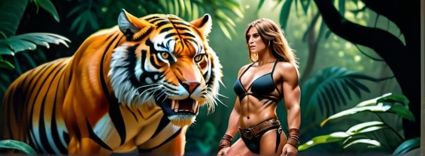 Prompt: Hyper realistic, photorealistic, color photograph, athletically built barbarian woman with a large tiger, full body shot, intense gaze, detailed fur and muscles, lush jungle backdrop, sunlight filtering through dense foliage, high quality, detailed, intense colors, dramatic lighting, golden hour