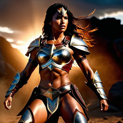 Prompt: hyper-realistic, Photorealistic, 4k, 3D, fierce female Amazon warriors, arena battle, intense battle scene, Breastplate armor, short leather loincloths, heavily muscled, full body shot, realistic, intense action, muscular physique, detailed features, detailed armor and weapons, high quality, realistic, historical art, warm, earthy tones, dramatic lighting, dramatic shadows, epic battle, high quality, intense, earthy tones, Golden Hour Dawn lighting, natural lighting, realism

