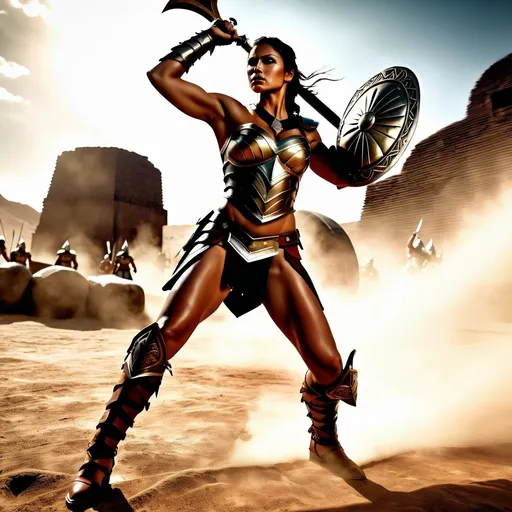 Prompt: hyper-realistic, Photorealistic, 4k, fierce female Amazon warriors, arena battle, intense battle scene, Breastplate armor, short leather loincloths, heavily muscled, full body shot, realistic, intense action, muscular physique, detailed features, detailed armor and weapons, high quality, realistic, historical art, earthy tones, dramatic lighting, dramatic shadows, epic battle, high quality, intense, earthy tones, natural lighting, realism

