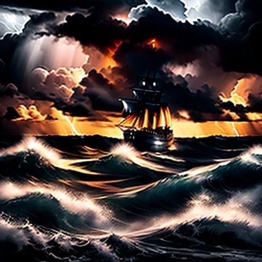 Prompt: stormy night at sea, schooner battling through the waves, lightning flashes, dramatic sky with dark clouds, ominous clouds, high seas, realistic oil painting, intense waves, powerful wind, detailed vessel, dramatic lighting, high quality, realistic, stormy, dramatic, dynamic composition, dark tones, atmospheric lighting