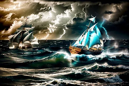 Prompt: Photorealistic, hyper-realistic, schooner sailing on stormy sea, battling to reach port, dramatic waves crashing, ominous dark clouds, detailed ship structure, intense and chaotic atmosphere, high quality, realistic, dramatic lighting, stormy seascape