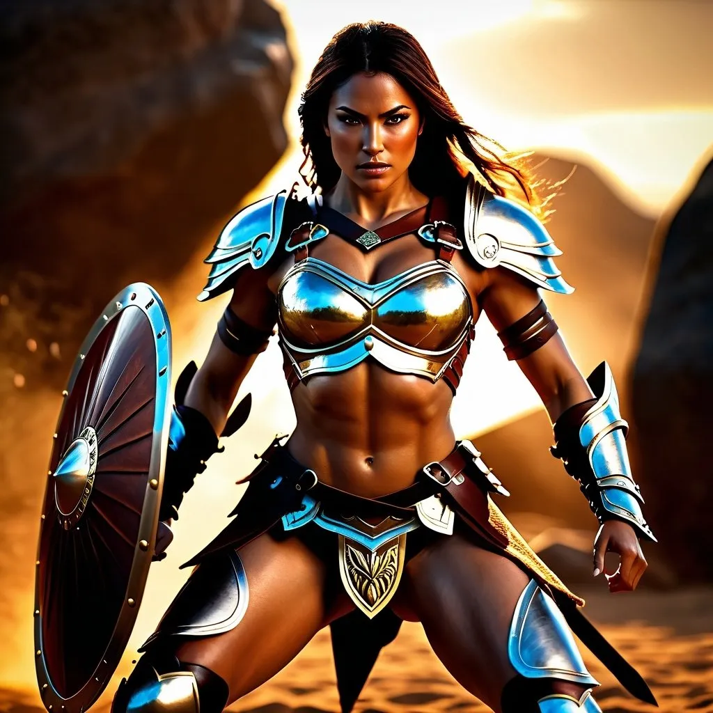 Prompt: hyper-realistic, Photorealistic, 4k, 3D, fierce female Amazon warriors, arena battle, intense battle scene, Breastplate armor, short leather loincloths, heavily muscled, full body shot, realistic, intense action, muscular physique, detailed features, detailed armor and weapons, high quality, realistic, historical art, warm, earthy tones, dramatic lighting, dramatic shadows, epic battle, high quality, intense, earthy tones,  golden hour lighting, natural lighting, realism

