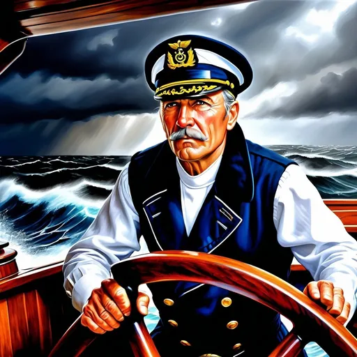 Prompt: Photorealistic, hyper realistic, ship captain at the wheel in bad squall, determination on weathered face, battling the elements, high quality, detailed, realistic, natural lighting, stormy seas, intense expression, traditional art style, maritime theme, wooden ship, turbulent weather, rugged features, professional artwork