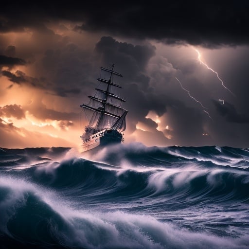 Prompt: Photorealistic, hyper realistic, deep stormy night at sea, schooner battling through the waves, lightning flashes, dramatic sky with dark clouds, ominous clouds, high seas, intense waves, powerful wind, detailed vessel, dramatic lighting, high quality, realistic, stormy, dramatic, dynamic composition, dark tones, atmospheric lighting