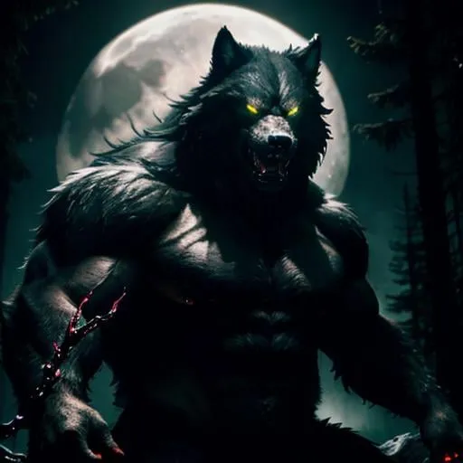 Prompt: Hyperrealism, darkened forest, snarling giant, heavily muscled, werewolf, on a hill, moon in background, dripping blood, menacing, front claws raised, photorealistic, detailed fur, intense gaze, Eyes glowing, horror, supernatural, highres, ultra-detailed, professional, atmospheric lighting, detailed glowing red eyes, sinister, medium tones, menacing atmosphere