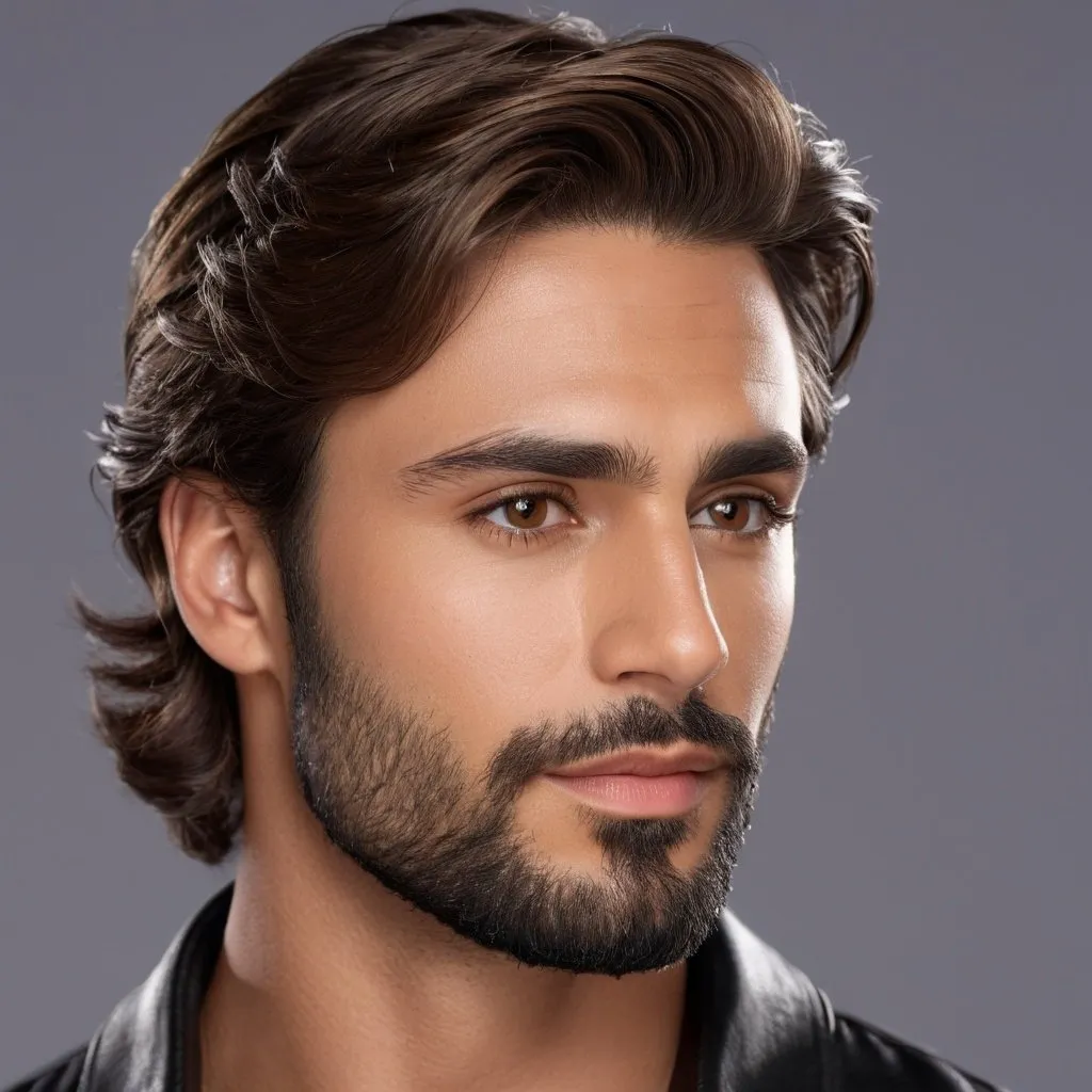 Prompt: side view Composite face of a 30-year-old man, hyper-realistic, photorealistic, Well-Defined Brow Ridge, deep-set hazel eyes, strong chiseled jawline and chin, short wavy hair with moderate full beard, high cheekbones, symmetrical, subtle contour nose, defined nostrils, defined lips, tanned complexion, high quality, photorealism, detailed features, realistic, symmetrical, hazel eyes, chiseled jawline, wavy hair, full beard, high cheekbones, detailed nose, photorealistic lighting