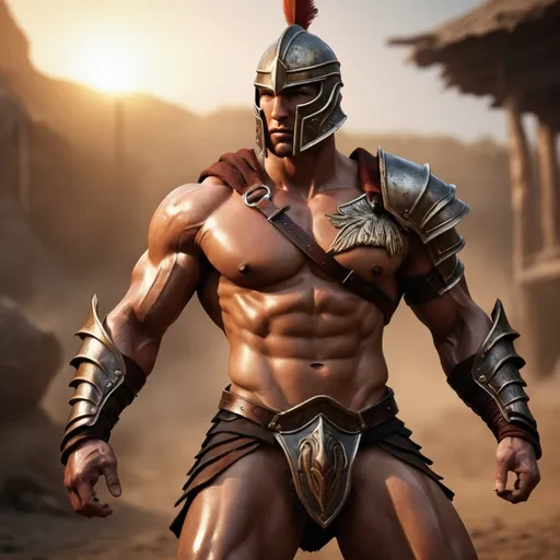 Prompt: hyper-realistic, Photorealistic, 4k, 3D, Amazon warriors, 34C-25-33, arena battle, intense battle scene, Close fitting leather armor, short leather loincloths, heavily muscled, full body shot, realistic, intense action, muscular physique, detailed features, detailed armor and weapons, high quality, realistic, historical art, warm, earthy tones, dramatic lighting, dramatic shadows, epic battle, high quality, intense, earthy tones, Golden Hour Dawn lighting, natural lighting, realism
