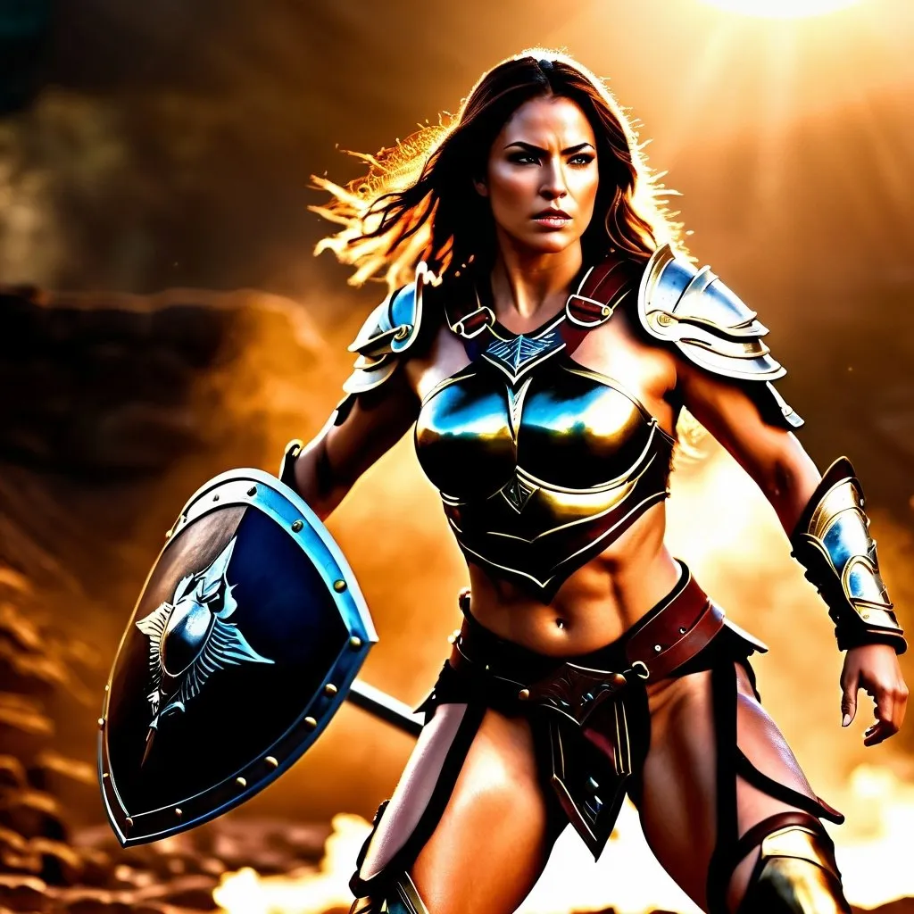 Prompt: hyper-realistic, Photorealistic, 4k, fierce female Amazon warriors, arena battle, intense battle scene, Breastplate armor, short leather loincloths, heavily muscled, full body shot, golden hour lighting, realistic, intense action, muscular physique, detailed features, detailed armor and weapons, high quality, realistic, historical art, earthy tones, dramatic lighting, dramatic shadows, epic battle, high quality, intense, earthy tones, natural lighting, realism

