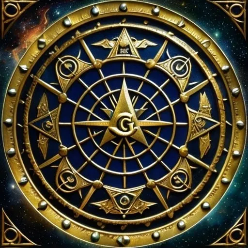 Prompt: Masonic Square and compasses, with the letter "G" visible in the center ablaze, celestial Van Gogh cosmos, swirling colors, intricate details, otherworldly splendor, detailed patterns, Bosch-inspired, planet Earth, cosmic fire, high-res, detailed, celestial, intricate, intense colors, Van Gogh, Masonic symbolism, Vivid professional, atmospheric lighting