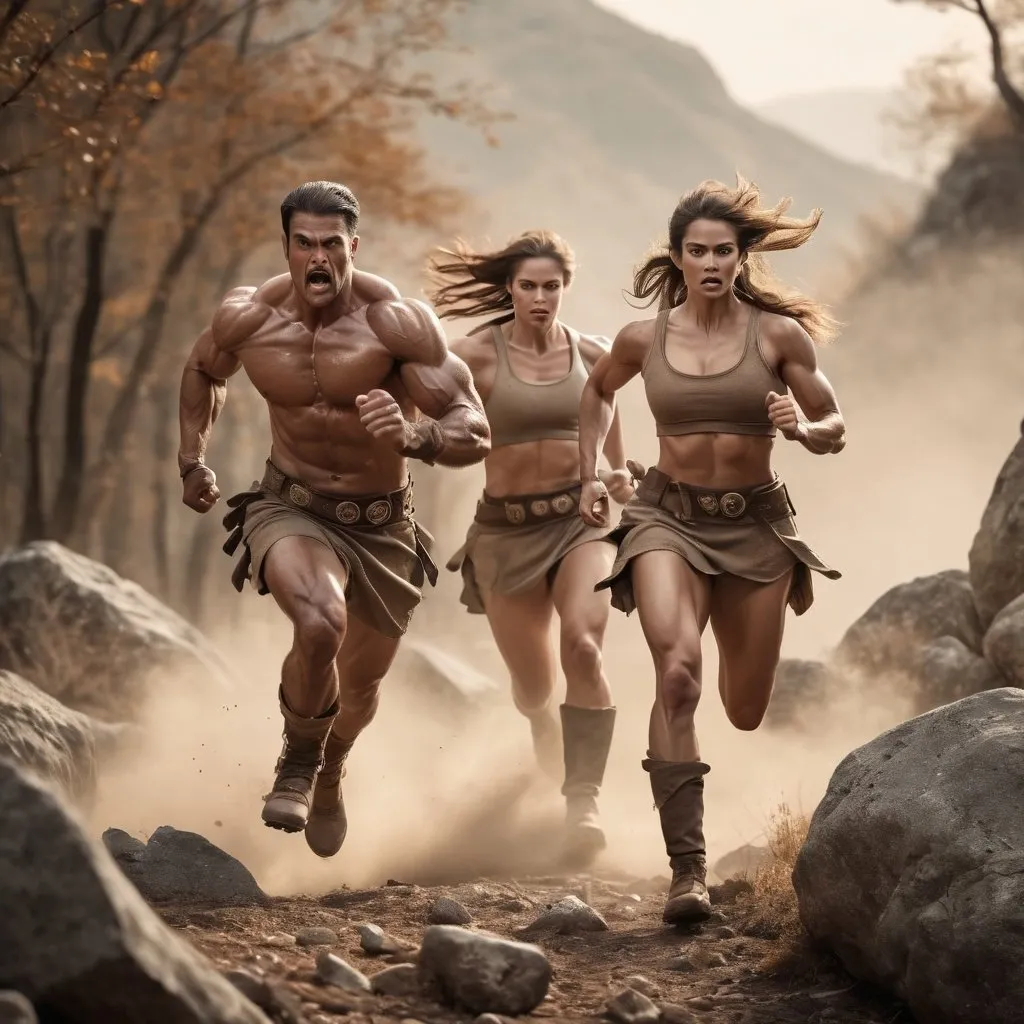 Prompt: Fit and muscled male and female barbarians clad in breechclouts, running into battle on rocky terrain, full body shot, realistic lighting in golden hour, earth tones, forest setting, high quality, lifelike, action-packed, intense, dynamic poses, dramatic lighting, detailed muscle definition, rugged terrain, fierce expressions, forest landscape