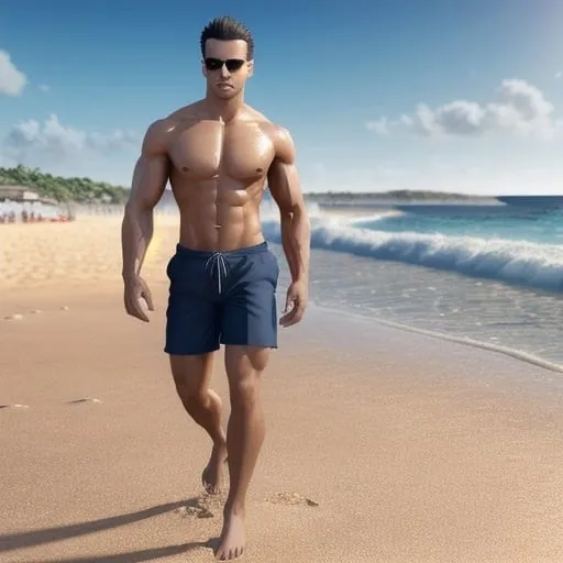 Prompt: Hyper realistic full-body rendering of Lucien Gearalt Tomás walking on a beach, photorealistic, sharp, highly detailed, bright and sunny beach setting, detailed facial features, realistic skin texture and tones, high quality, 4k resolution, photorealism, beach landscape, detailed rendering, crisp, full-body shot, realistic lighting