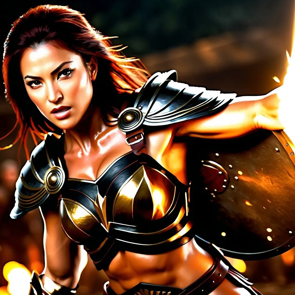 Prompt: hyper-realistic, Photorealistic, 4k, 3D, fierce female Amazon warriors, arena battle, intense battle scene, Breastplate armor, short leather loincloths, heavily muscled, full body shot, realistic, intense action, muscular physique, detailed features, detailed armor and weapons, high quality, realistic, historical art, earthy tones, dramatic lighting, dramatic shadows, epic battle, high quality, intense, earthy tones,  golden hour lighting, natural lighting, realism

