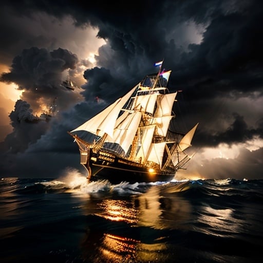 Prompt: Photorealistic, hyper realistic, A sailing ship being tossed about in a bad storm