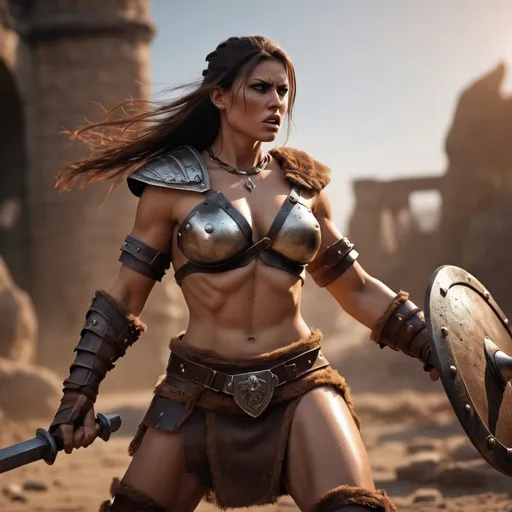 Prompt: hyper-realistic, Photorealistic, 4k, 3D, fierce female barbarian warriors, 34C-25-33, arena battle, intense battle scene, Close fitting leather armor, short leather loincloths, heavily muscled, full body shot, realistic, intense action, muscular physique, detailed features, detailed armor and weapons, high quality, realistic, historical art, warm, earthy tones, dramatic lighting, dramatic shadows, epic battle, high quality, intense, earthy tones, Golden Hour Dawn lighting, natural lighting, realism


