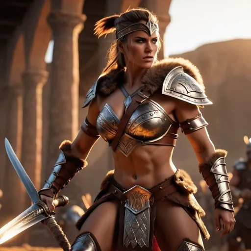 Prompt: hyper-realistic, Photorealistic, 4k, 3D, fierce female barbarian warriors, 34C-25-33, arena battle, intense battle scene, Close fitting leather armor, short leather loincloths, heavily muscled, full body shot, realistic, intense action, muscular physique, detailed features, detailed armor and weapons, high quality, realistic, historical art, warm, earthy tones, dramatic lighting, dramatic shadows, epic battle, high quality, intense, earthy tones, Golden Hour Dawn lighting, natural lighting, realism
