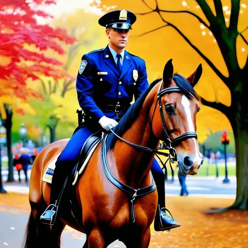 Prompt: Hyperrealistic, super detailed, policeman on a horse patrolling the Boston Common, realistic horse anatomy, crisp New England fall atmosphere, traditional oil painting, vibrant colors, high quality, hyperrealism, detailed uniform, professional, atmospheric lighting, iconic Boston landmark, traditional art style, precise brushwork, autumnal foliage, realistic horse mane