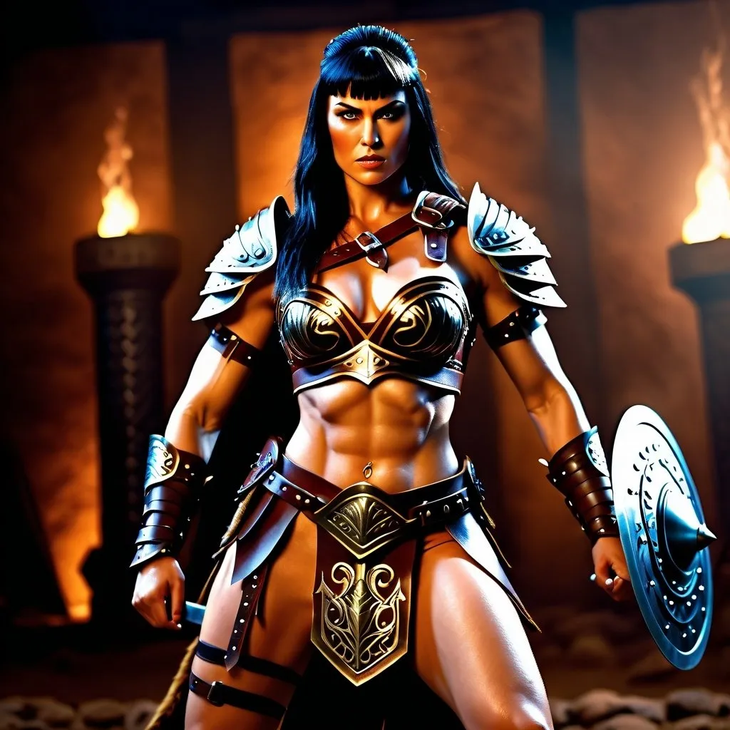 Prompt:  hyper-realistic, Photorealistic, 4k, 3D, fierce female Barbarian warriors, Leather Xena style armor, short leather loincloths, heavily muscled, full body shot, realistic, intense action, muscular physique, detailed features, detailed armor and weapons, high quality, realistic, historical art, warm, earthy tones, dramatic lighting, dramatic shadows, epic battle, high quality, intense, earthy tones, Golden Hour Dawn lighting, natural lighting, realism



