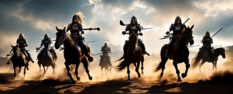 Prompt: Group of bare-breasted female Amazon warriors charging on horseback, intense ancient warfare, detailed armor and weapons, dynamic action, high quality, realistic, historical art, earthy tones, dramatic lighting, intense battle scene, fierce expressions, powerful queen leading the charge