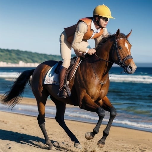 Prompt: Hyper realistic full body rendering of Lucien Gearalt Tomás riding a chestnut thoroughbred, on a beach. photorealistic, sharp, highly detailed, Golden Hour beach setting, detailed facial features, realistic skin texture and tones, high quality, 4k resolution, photorealism, beach landscape, detailed rendering, crisp, full-body shot, realistic lighting