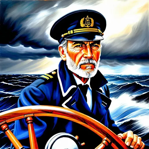 Prompt: Oil painting, ship captain at the wheel in bad squall, determination on weathered face, battling the elements, high quality, detailed, realistic, dramatic lighting, stormy seas, intense expression, traditional art style, maritime theme, wooden ship, turbulent weather, rugged features, professional artwork