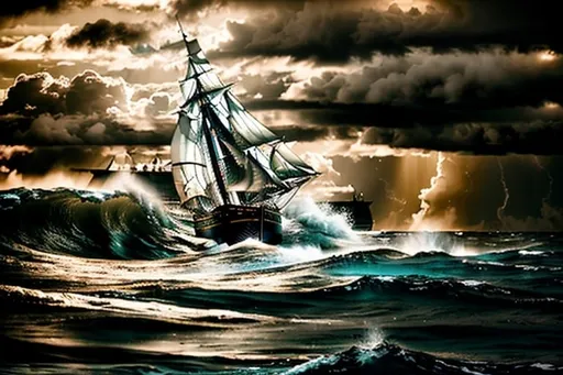 Prompt: Photorealistic, hyper-realistic, schooner sailing on stormy sea, battling to reach port, dramatic waves crashing, ominous dark clouds, detailed ship structure, intense and chaotic atmosphere, high quality, realistic, dramatic lighting, stormy seascape